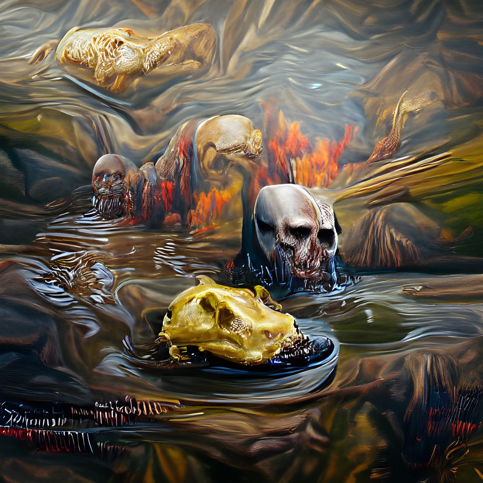 Skull melting in to butter river hyperdetailed oil painting ...