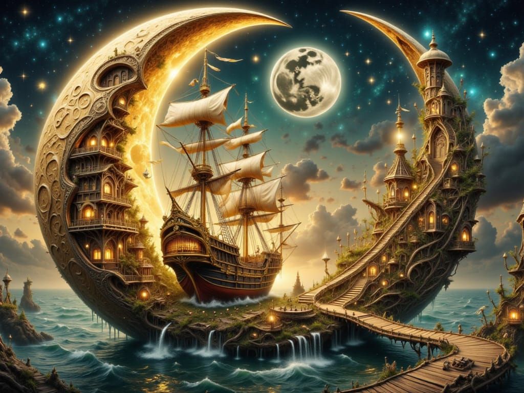 <lora:FiosCrescentMoons:1.0> Intricate fantasy historic harbor nestled within a luminous crescent moon, golden hour scene with magnificent ...