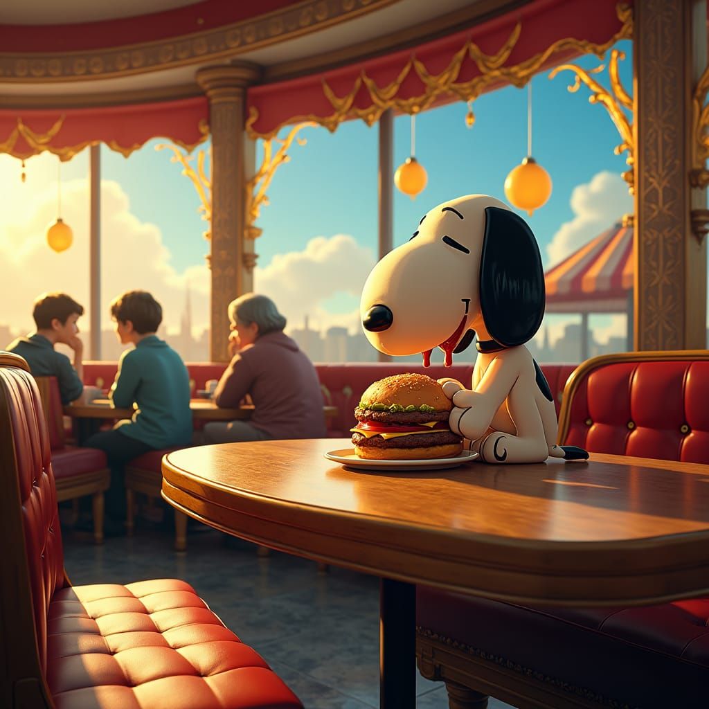 Snoopy having a Bg Mac at McDonalds