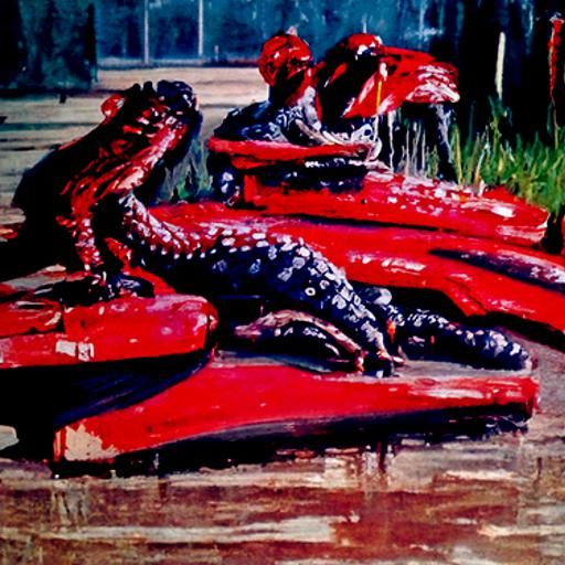red alligators sitting by pool