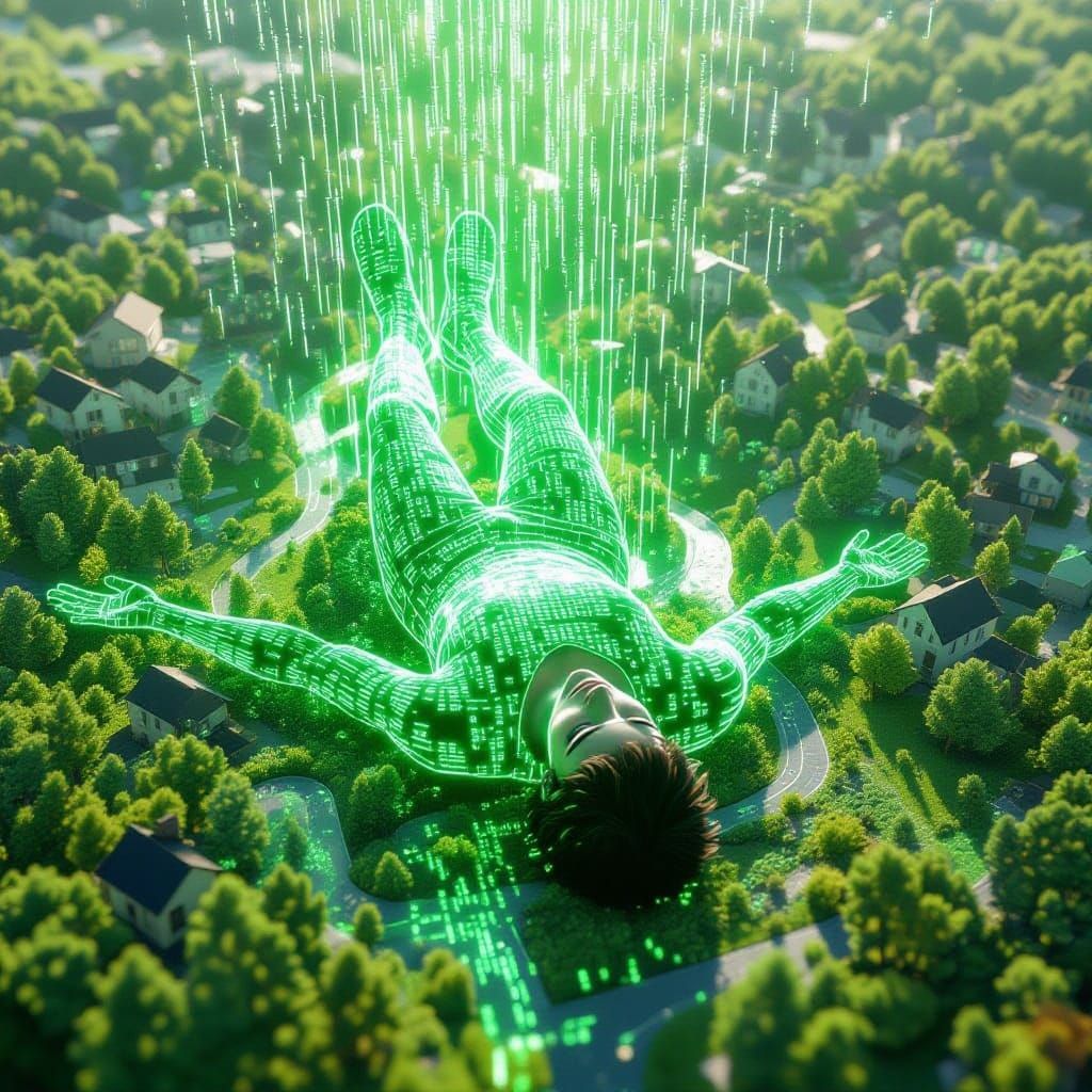 Гиперреализм 8к — гиперреализм, цифровое искусство, человек полностью созданный из зеленых светящихся кодов и цифр, лежит на спине в невесом...