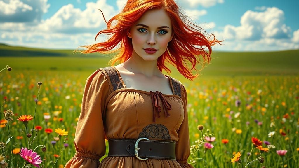 Red-haired beauty in a field of flowers