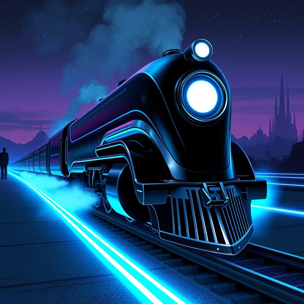 Sleek Futuristic Train Speeds Along Glowing Track Under Star...