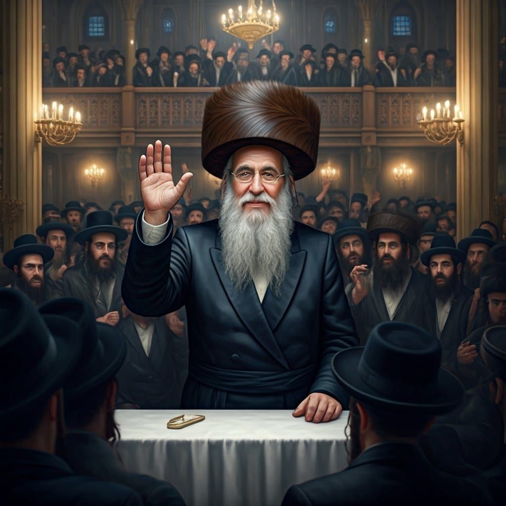 Hasidic Rabbi Blessing Followers in Synagogue