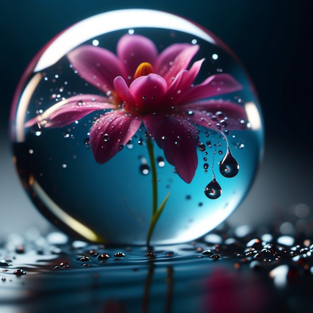 <lora:Skellyverse:1.0> ""3D ultrarealistic Macro shot of a suspended water droplet, photorealistic hybrid beautiful flower blooming inside t...