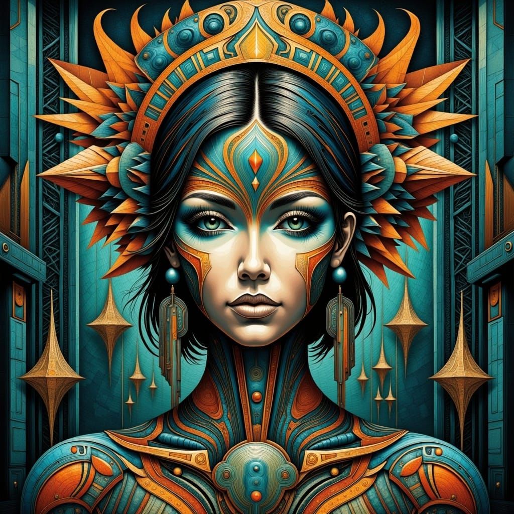 <lora:Deco-Detail:1.0> Hyperrealistic portrait of a beautiful woman wearing intricately detailed colorful clothing and futuristic jewellery.