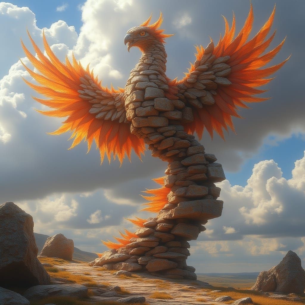  <lora:Swirling Stones v2:1.0> a phoenix made of rocks is falling from the sky, in the style of Tomasz Alen Kopera