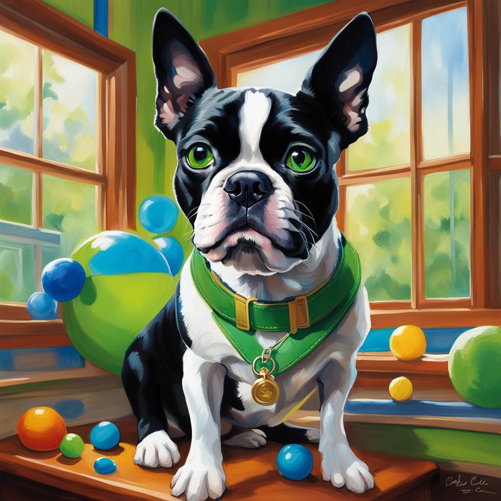 Black and white male Boston Terrier; blue eyes; green collar; loki on tag; looking out window; with toy ...  by @Vanity