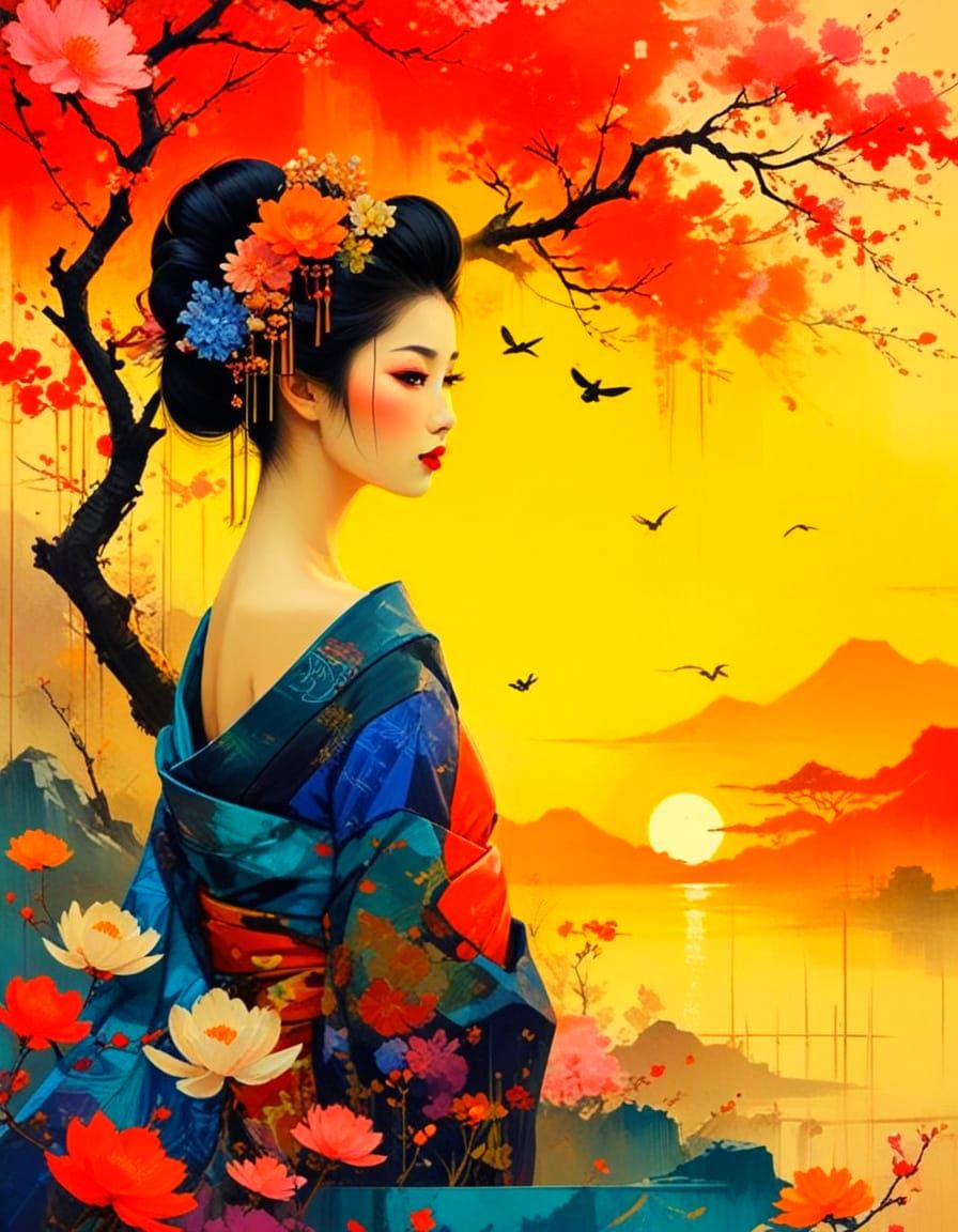 Traditional geisha under blossom tree at sunset  in a modern, abstract style. The subject should be filled with traditional Japanese cultura...
