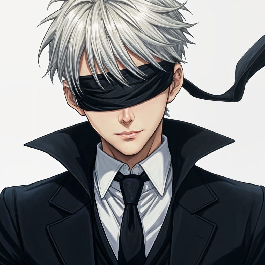A young man. White hair. Blind fold on. In a suit. Evil person 
