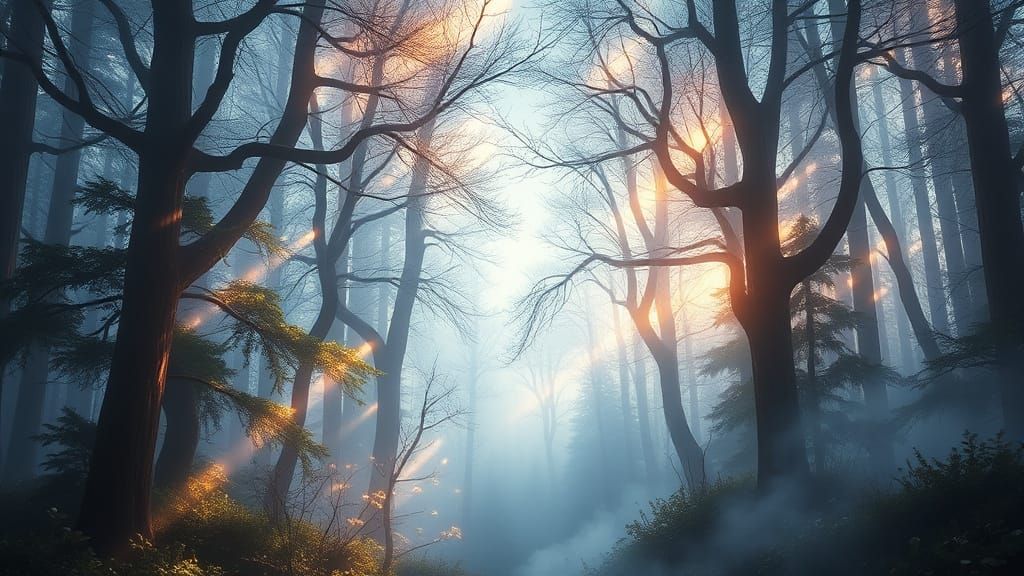 an enchanted forest with refracted and scattered light