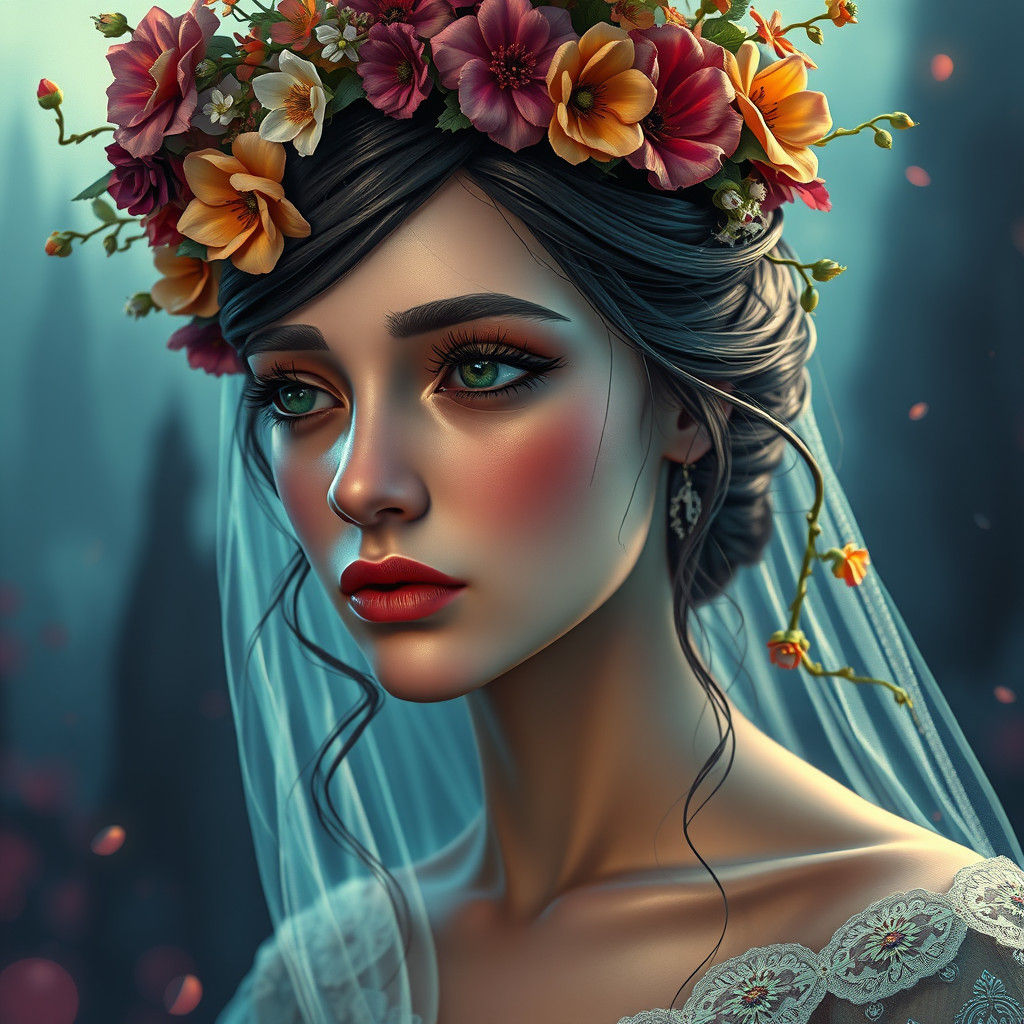 Melancholic Bride with Flower Crown in Art Nouveau Style