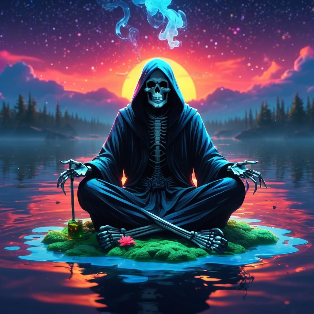 Grim Reaper Smoking Under Starry Sky in Anime Style