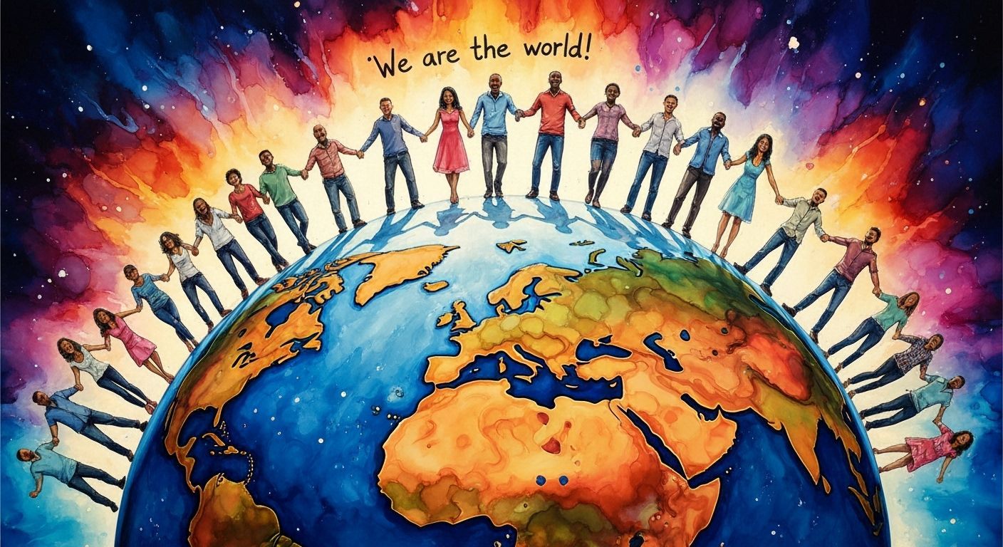 A group of various nationalities holding hands and singing on world globe, a word blurb that reads "We ...  by @Ed Evans