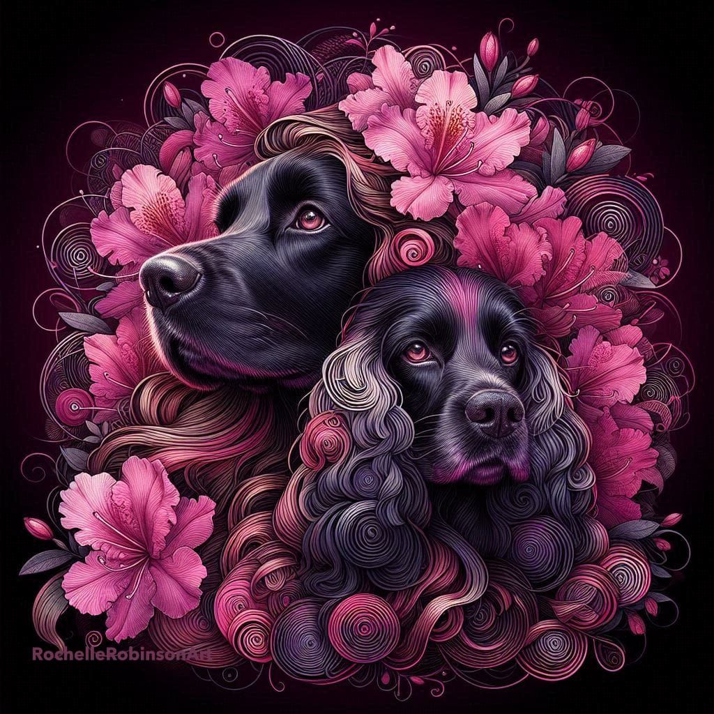 Black Cocker Spaniels and Pink Azaleas