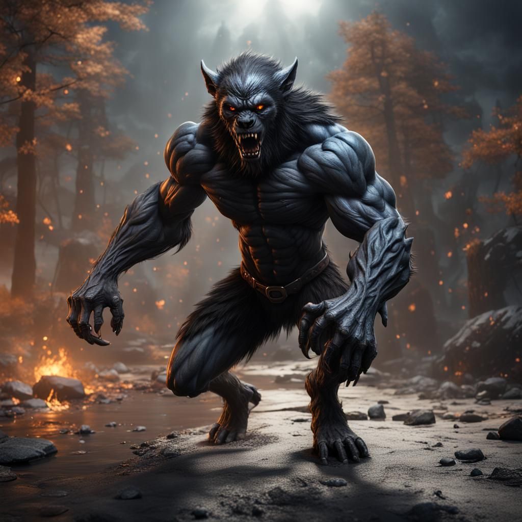 muscular humanoid werewolf with shiny black skin full body r...