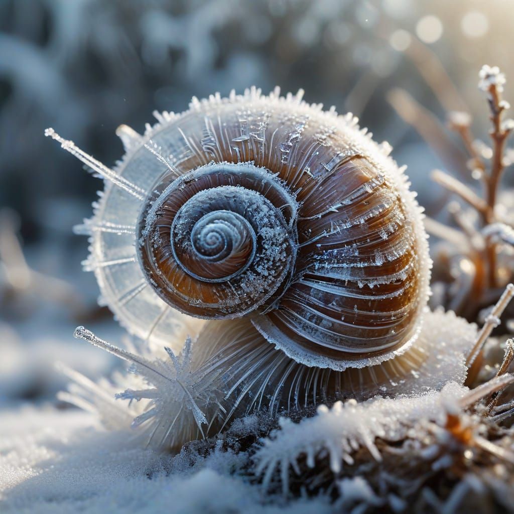 An abandoned snail house in the winter cold. The snow and ice froze on the snail shell as if there were ...  by @Night Horseman