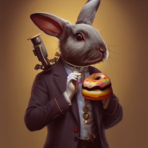 A Portrait Of A Cute Steampunk Rabbit With Suit Eating A Don...