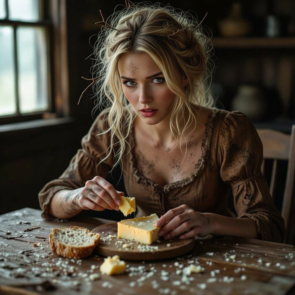 A young blonde woman in a torn old fashioned brown dress, twigs still in her hair, she claws her way to the table and eats a bit of the piec...