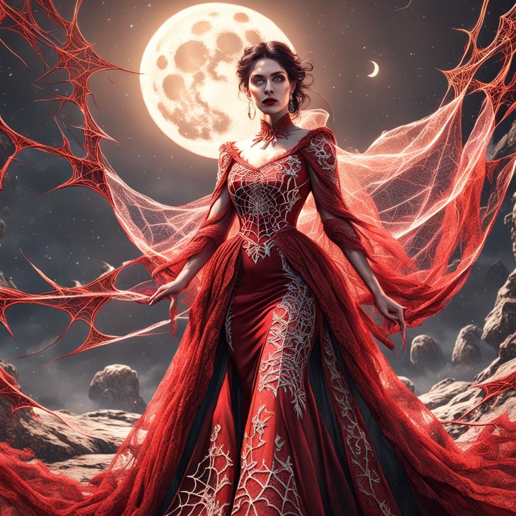 Woman wearing flowing red spiderweb lace gown in front of the Moon.  by @bashfulglowfly
