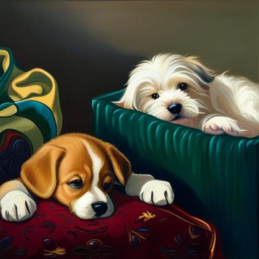 Puppy asleep with a baby James Gurney Jim Burns warm colors ...