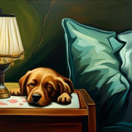 Puppy asleep with a baby James Gurney Jim Burns warm colors ...