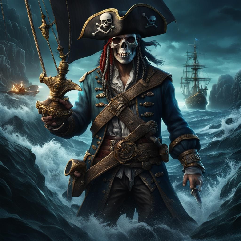 a pirate with a skull for a head  emerging from the dark oce...