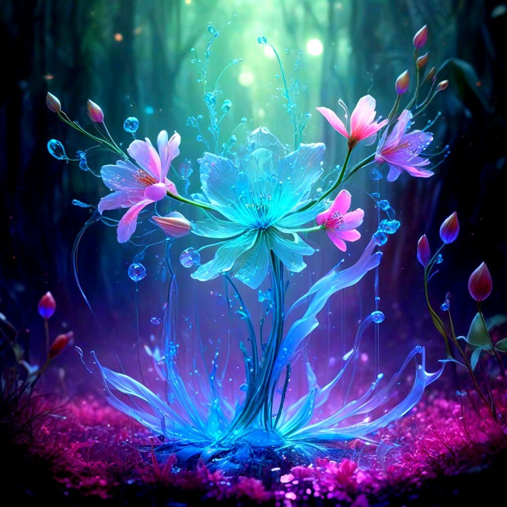 Visualize a whimsical glowing translucent (spring miracle flower) that doesn't exist. Stylistic influences ...  by @Andy Does AI