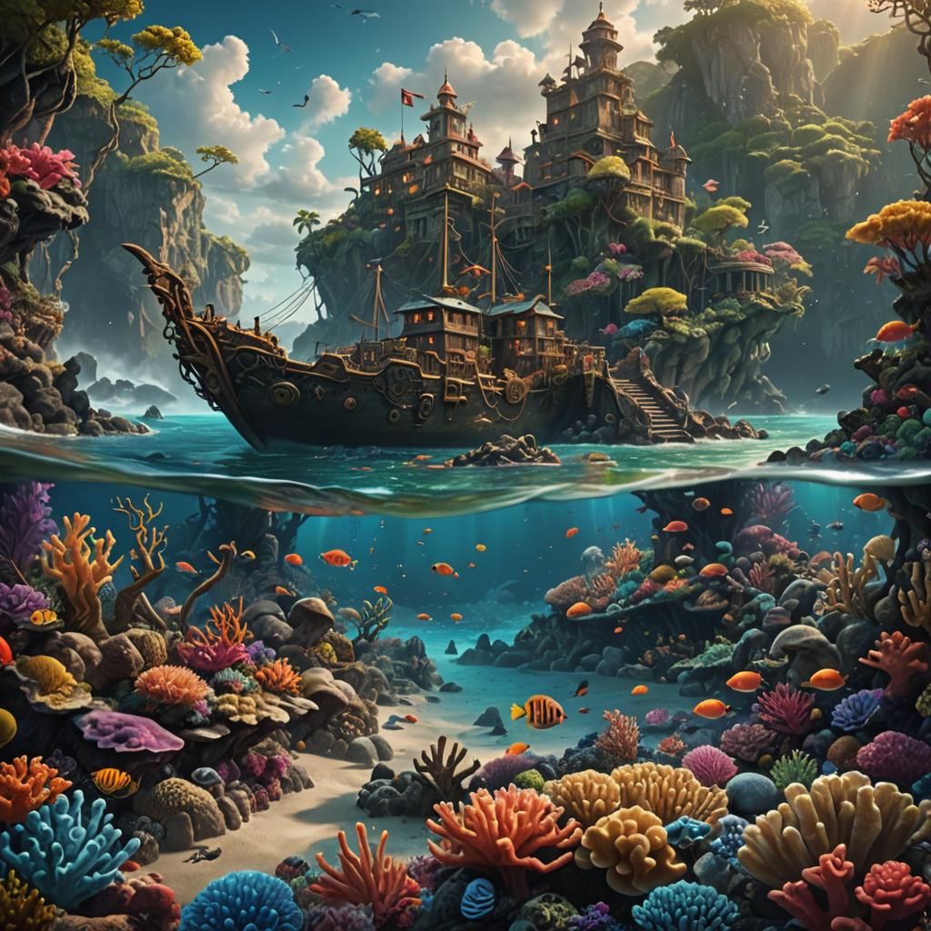 Enchanted Treasure Cove in Coral Reef: Digital Painting