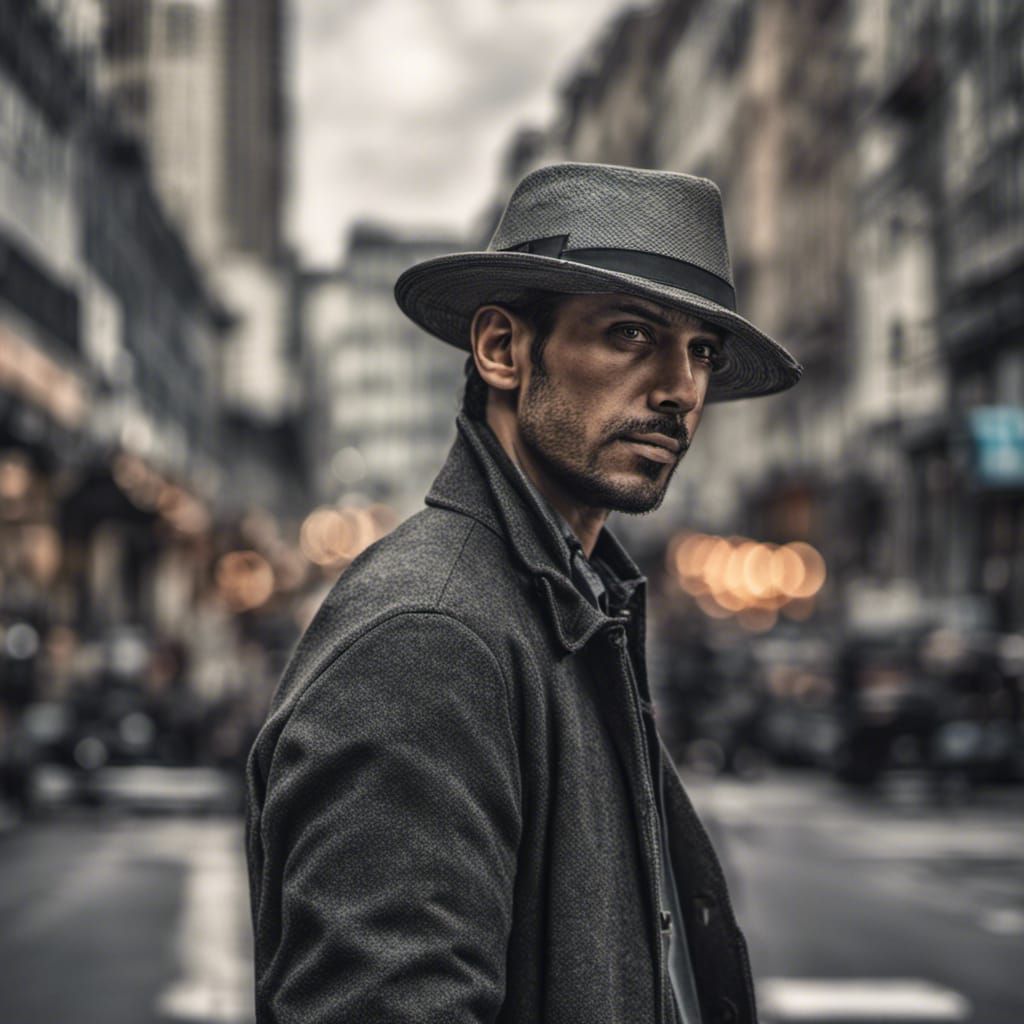 man with hat in city