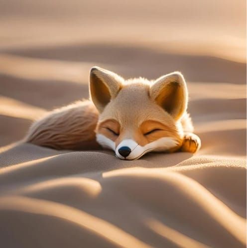 a cute baby fox sleeping in sand