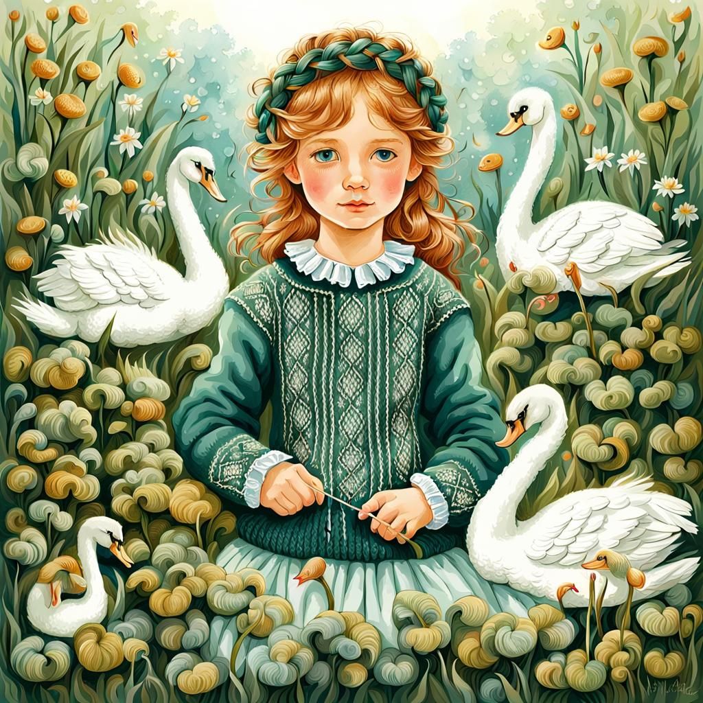 Girl Knitting Nettle Blouse: A Fairytale Illustration