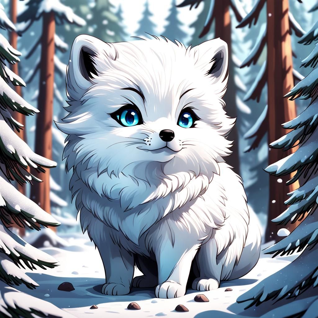 Chibi Arctic Fox in Winter Forest: Anime Style