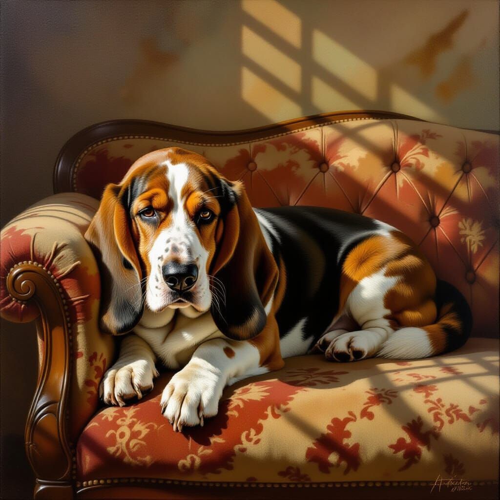 A Basset Hound with soulful eyes, curled up peacefully on a worn, velvet chaise lounge in a sun-drenched ...  by @Bonnie Horzepa