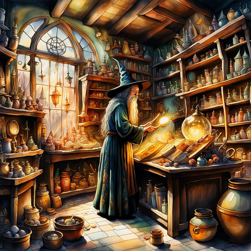 wizard looking for magic objects in a magic shop