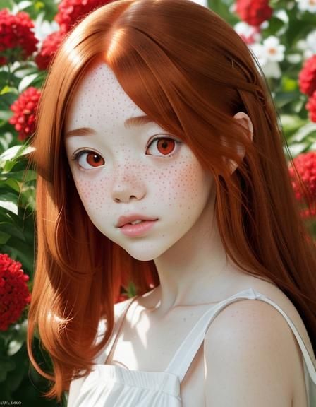 Auburn-Haired Girl with Red Flowers in Anime Style