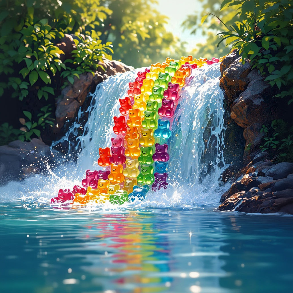 Rainbow Gummy Bears Waterfall in Photorealistic Style