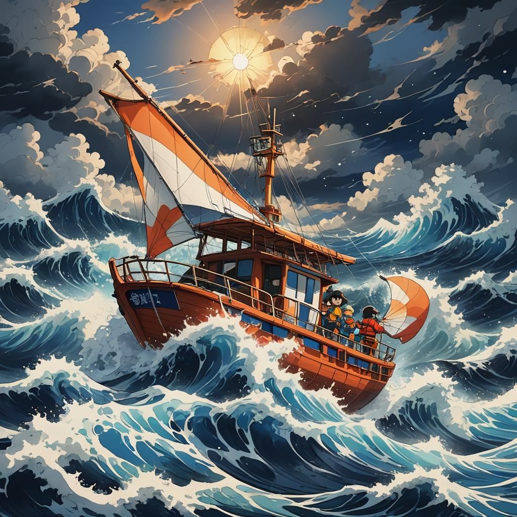 Japanese sail boat on to if extreme waves