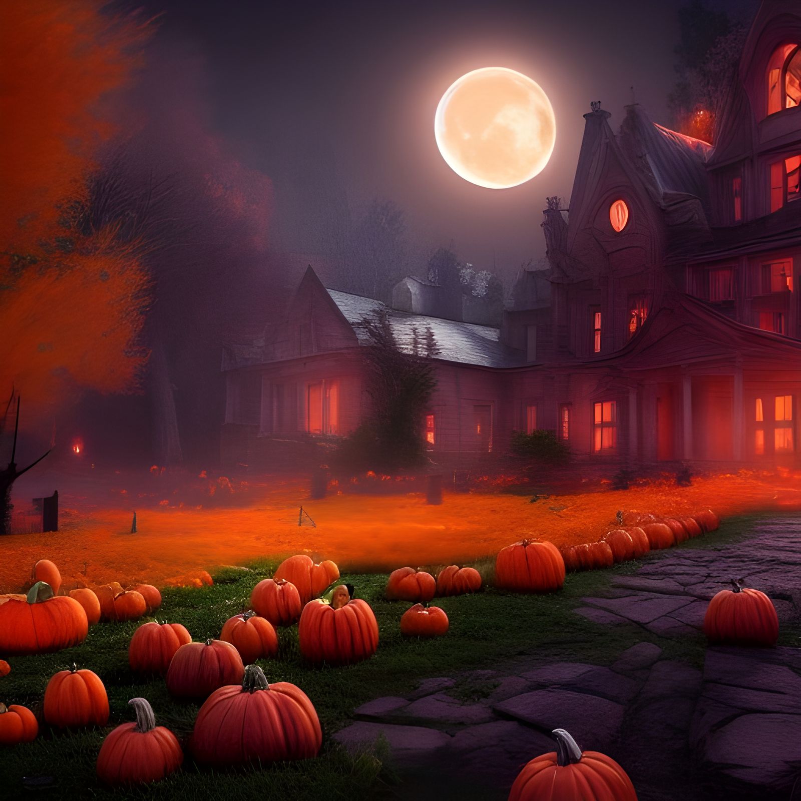 Surreal Pumpkin Moon Landscape in Detailed Matte Painting