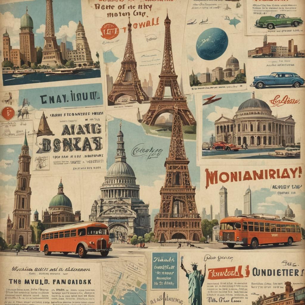 An old-fashioned travel ad for a famous city, featuring icon...