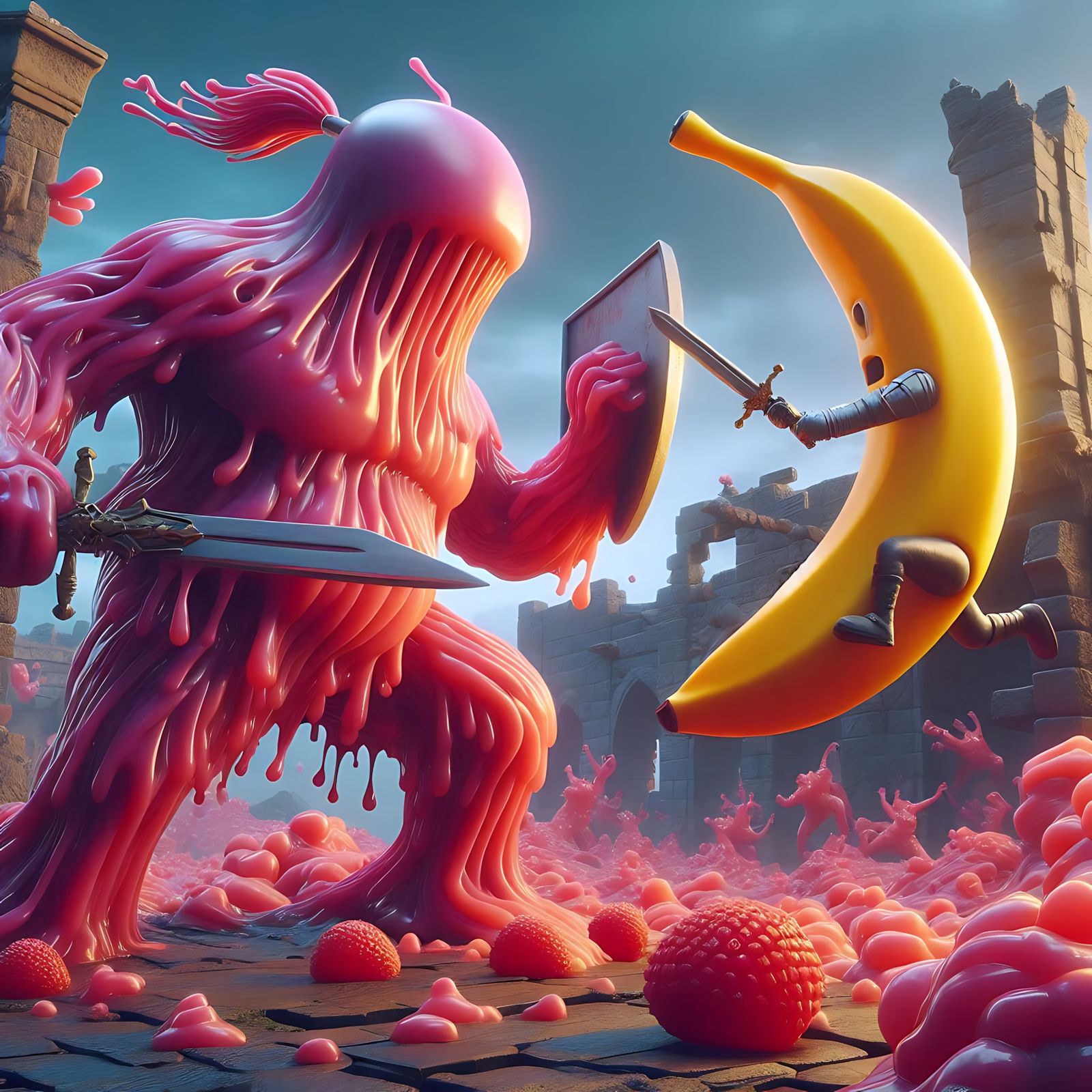 A ominous jelly blob knight fights vith banana knight (Uploa...