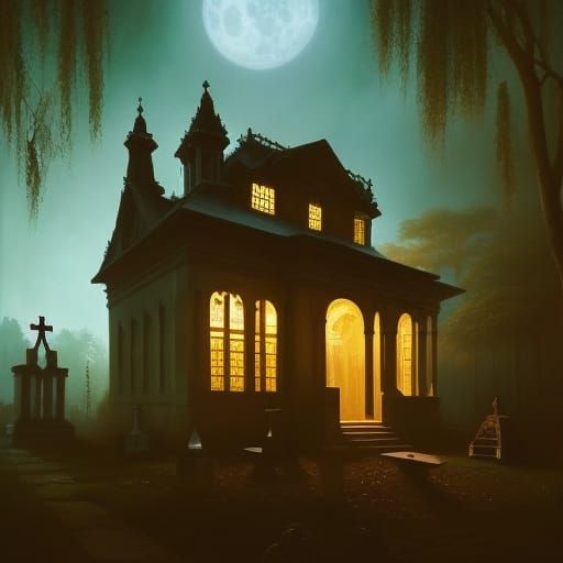 Ghost in a Haunted house under the full moon;

Cemetery in t...