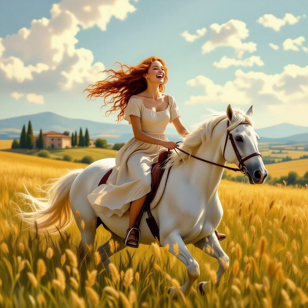A beautiful young woman riding a horse and laughing ...  by @KinginYellow2