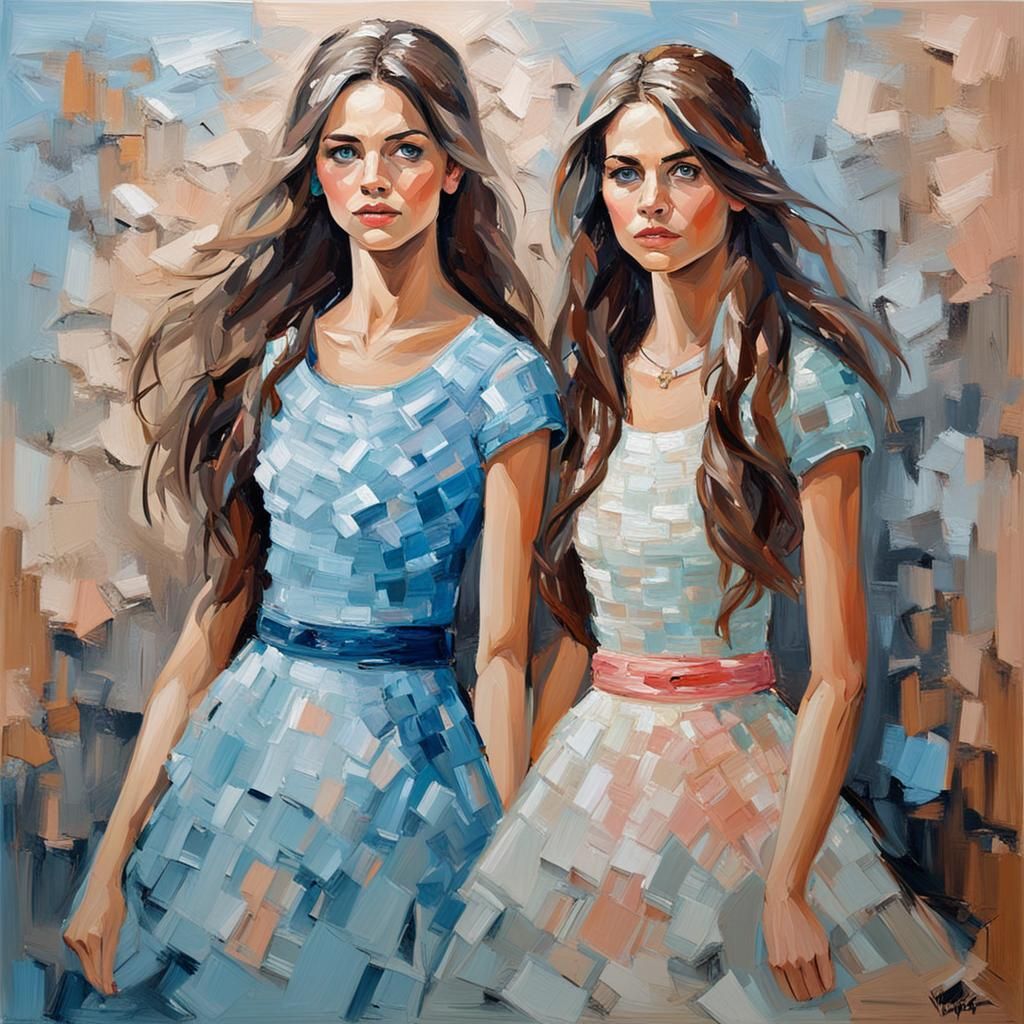 two beautiful women. long brown hair and blue eyes. Wearing ...