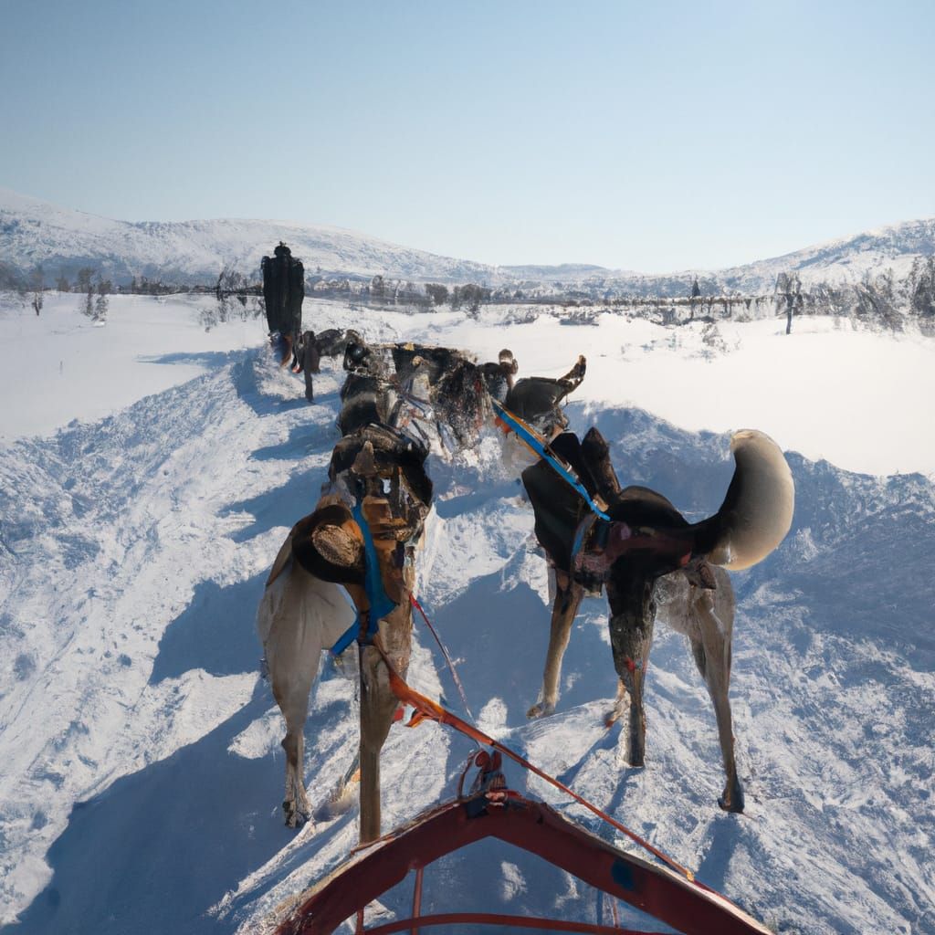 High quality photo of a sled pulled by a team of huskies among the ...