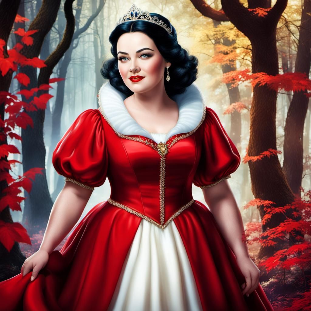 Fullfigured Snowhite in red gown. Forest, nature.