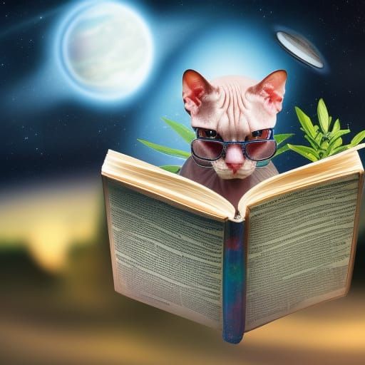 Alien Sphynx cat reading book on planet surface v.2 - AI Generated ...