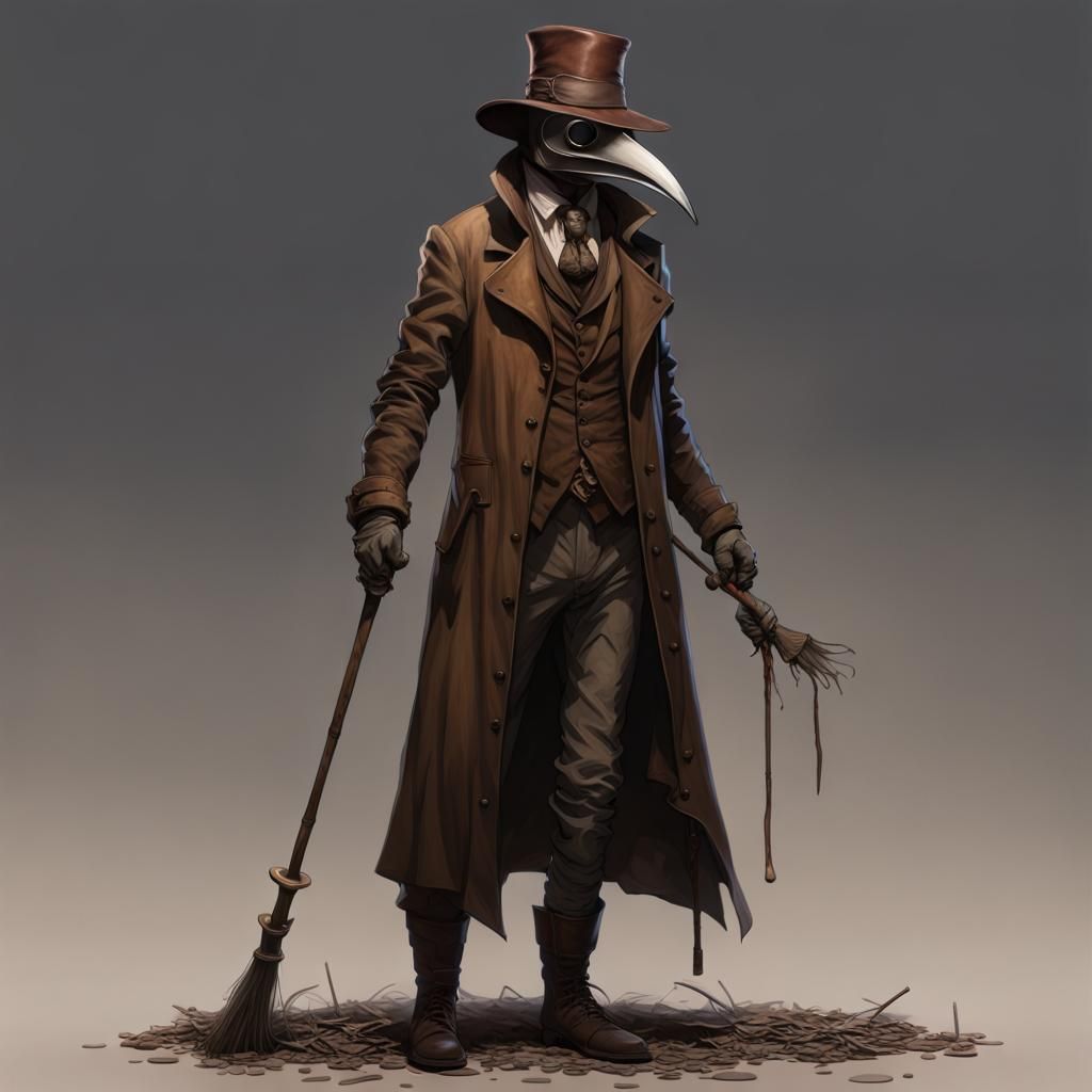 Tall person with a wide-brimmed brown hat, a brown leather plague ...