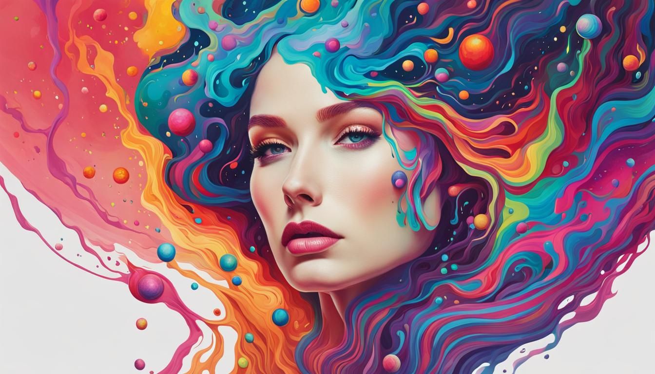 a multicoloured planet dripping with a liquid that forms the body of a woman with perfect anatomy,