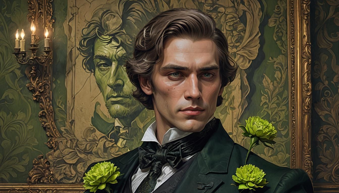 dorian gray with green carnation in buttonhole. Behind him, ...